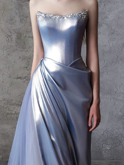 Strapless Beaded Blue Prom Dress Satin Tulle A-Line Formal Gowns AP7058