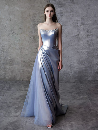 Strapless Beaded Blue Prom Dress Satin Tulle A-Line Formal Gowns AP7058