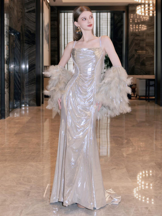 Eye-Catching Spaghetti Straps Champagne Prom Dresses With Shawl Mermaid Evening Dress AP7059