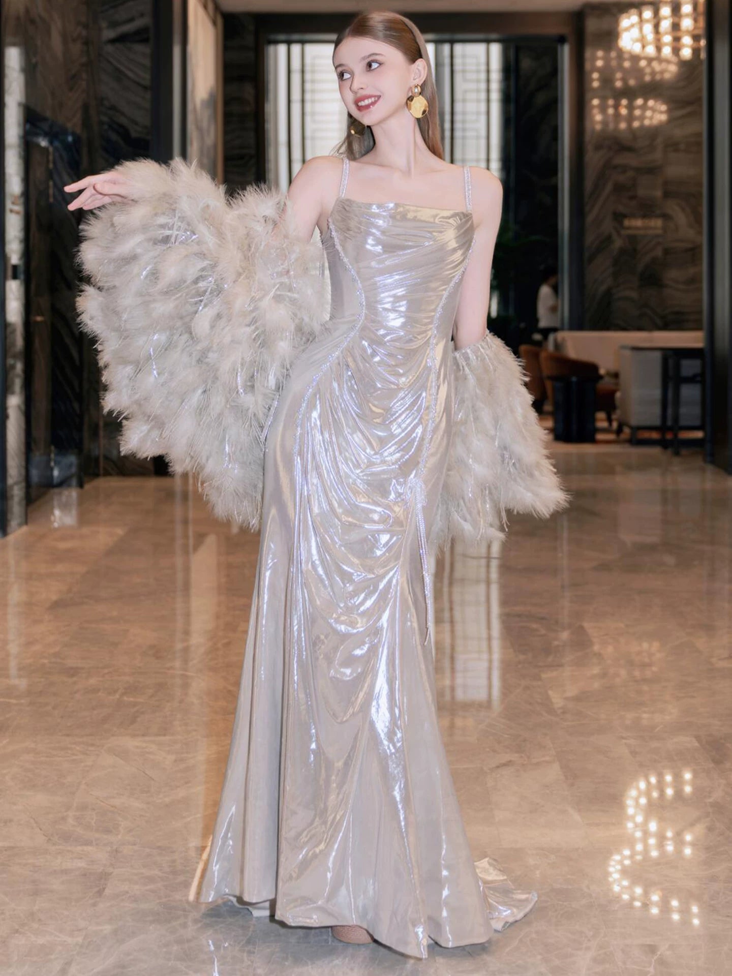 Eye-Catching Spaghetti Straps Champagne Prom Dresses With Shawl Mermaid Evening Dress AP7059
