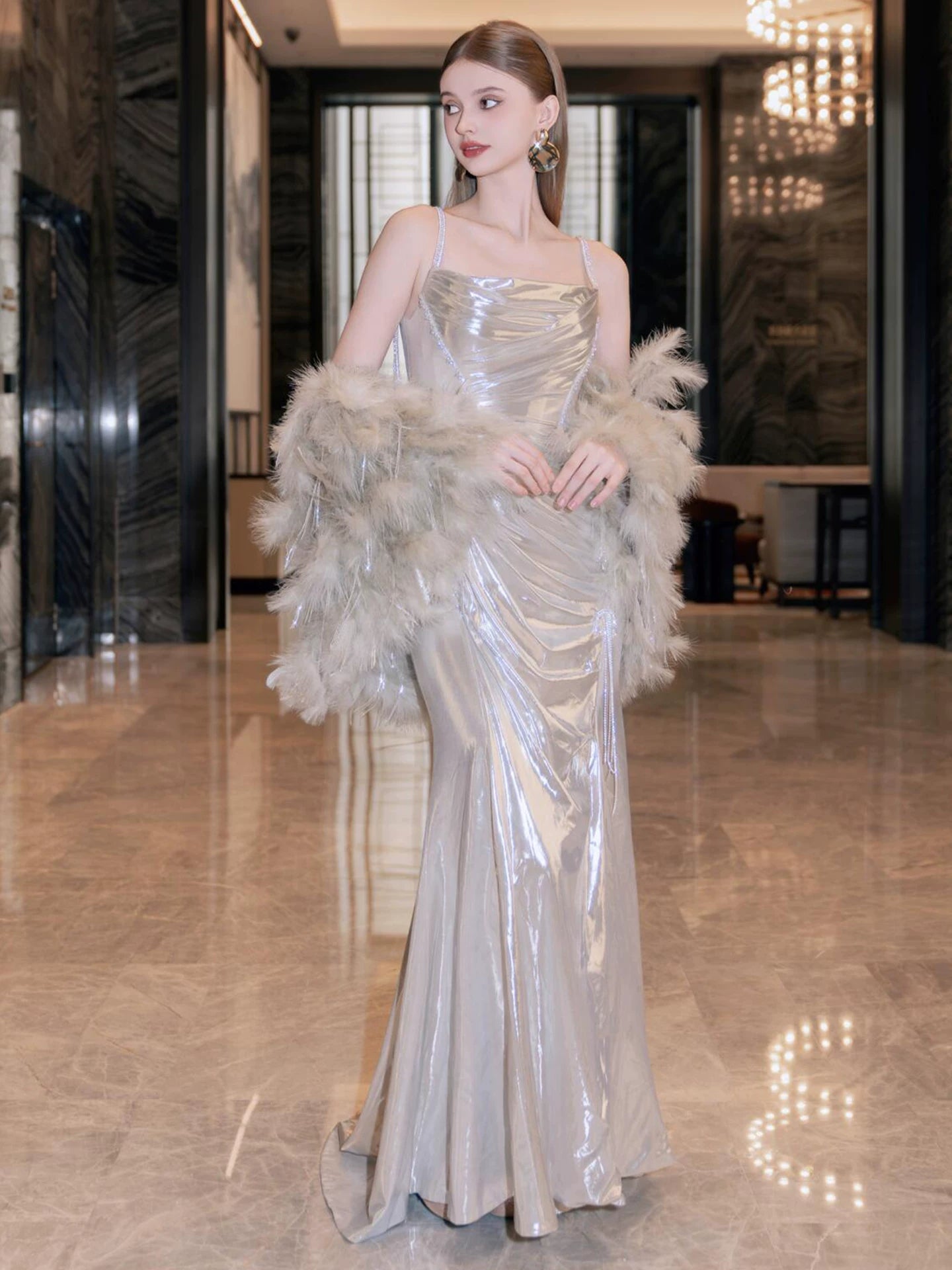 Eye-Catching Spaghetti Straps Champagne Prom Dresses With Shawl Mermaid Evening Dress AP7059