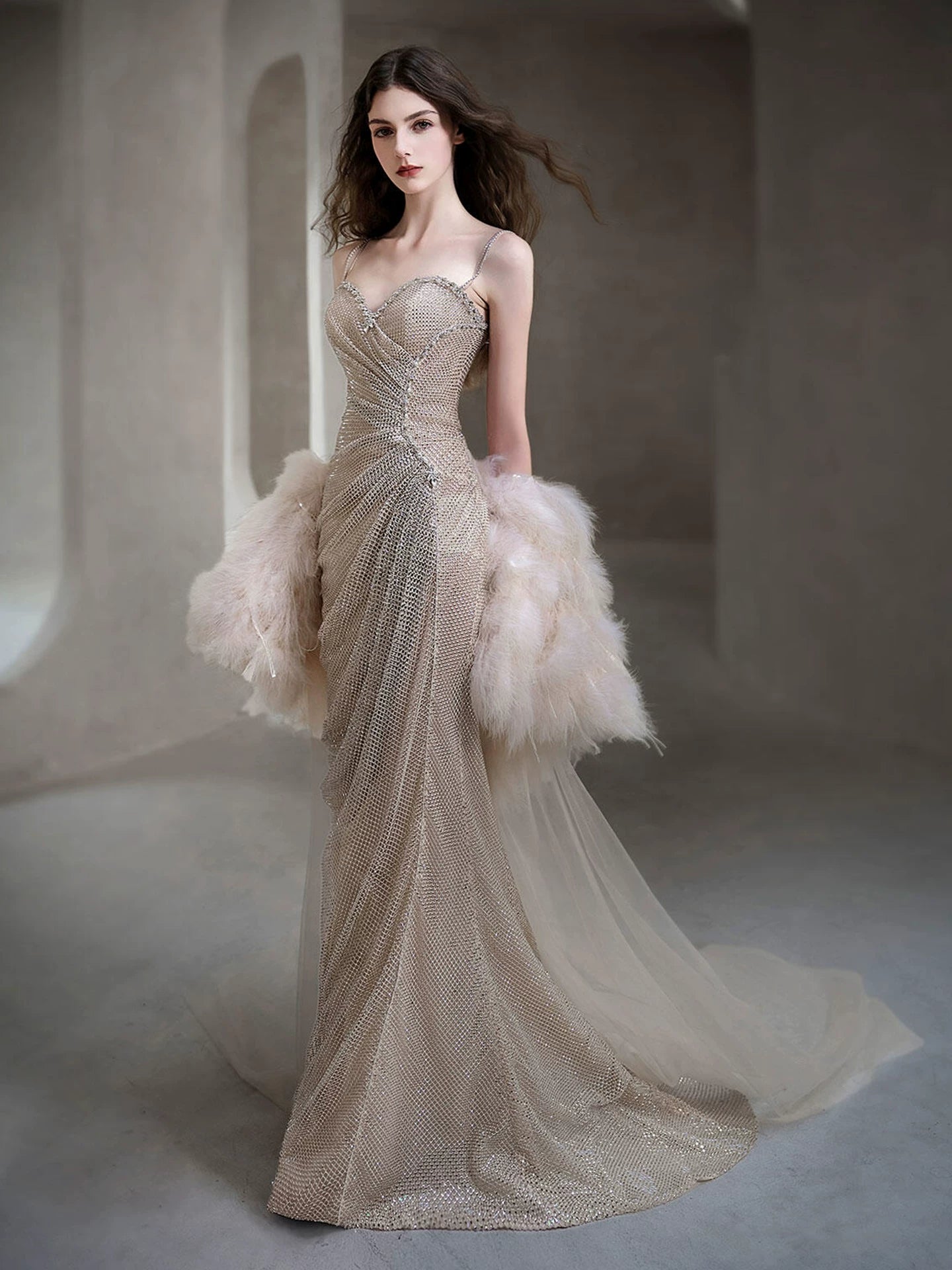 Fresh Spaghetti Straps Beige Prom Dresses With Shawl Beading Sequins Mermaid Evening Dress AP7060