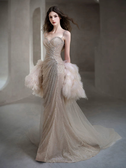 Fresh Spaghetti Straps Beige Prom Dresses With Shawl Beading Sequins Mermaid Evening Dress AP7060