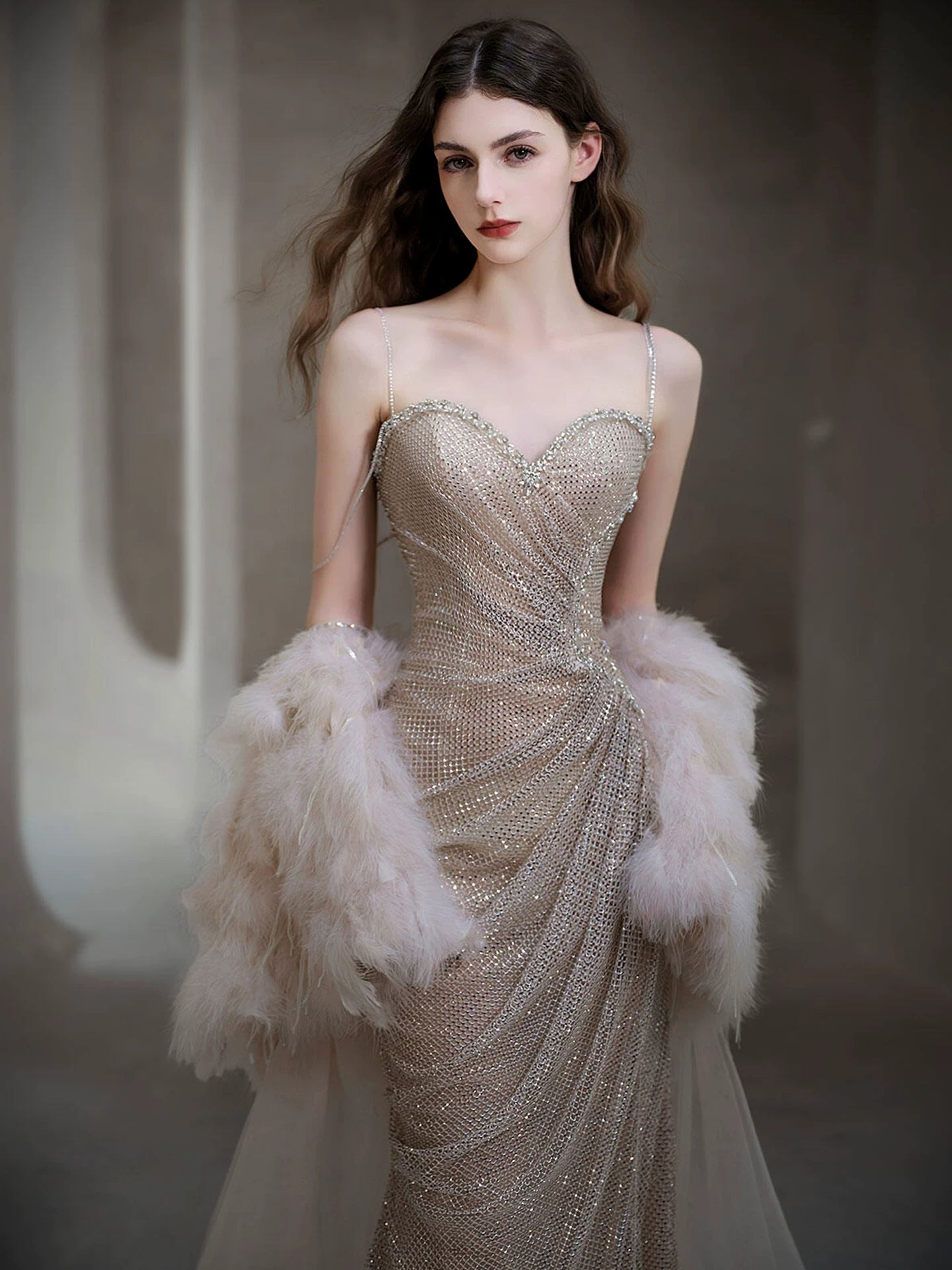 Fresh Spaghetti Straps Beige Prom Dresses With Shawl Beading Sequins Mermaid Evening Dress AP7060
