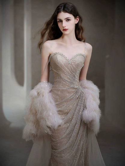 Fresh Spaghetti Straps Beige Prom Dresses With Shawl Beading Sequins Mermaid Evening Dress AP7060