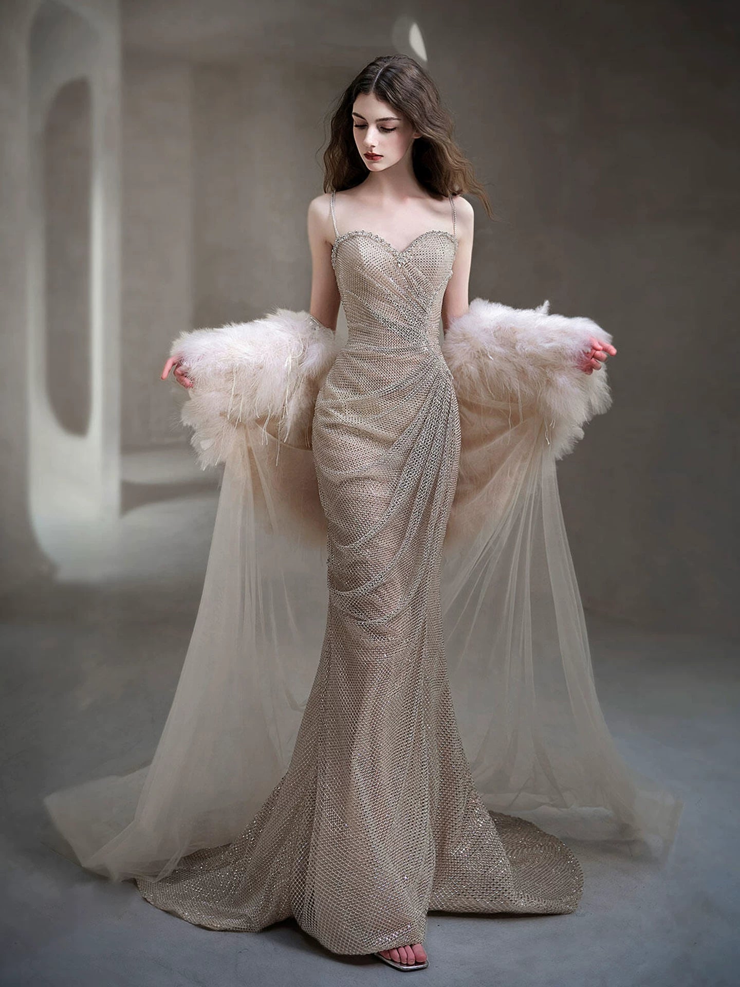 Fresh Spaghetti Straps Beige Prom Dresses With Shawl Beading Sequins Mermaid Evening Dress AP7060