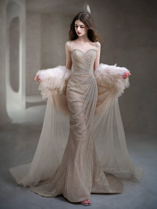 Fresh Spaghetti Straps Beige Prom Dresses With Shawl Beading Sequins Mermaid Evening Dress AP7060