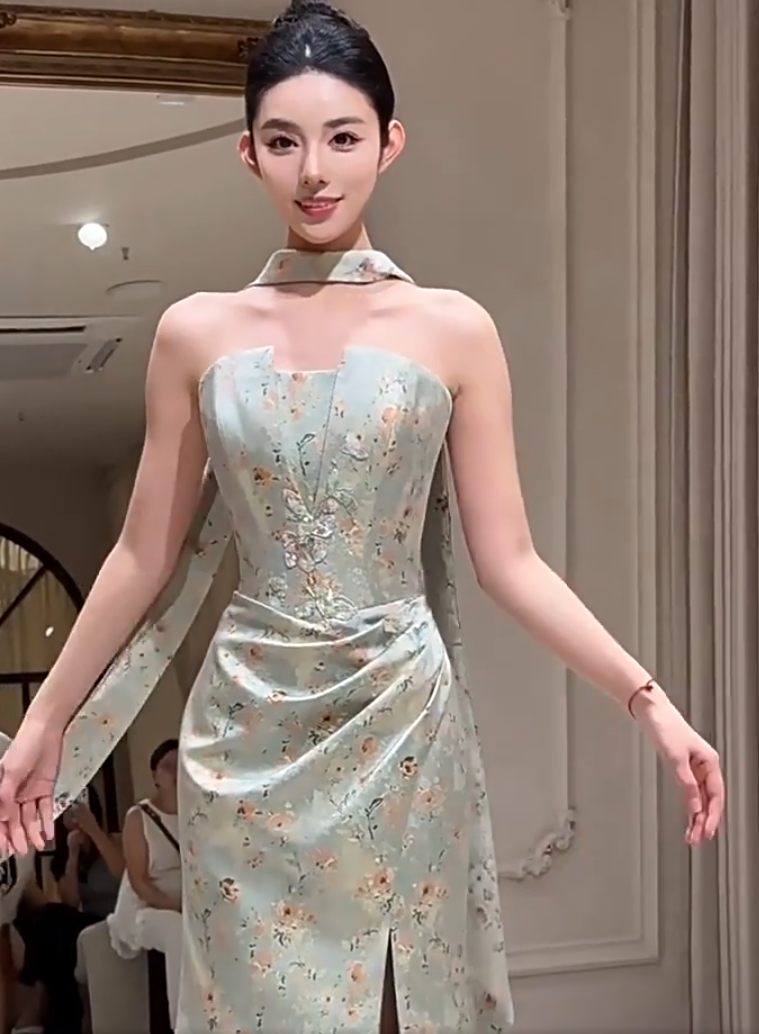 Sleek Off-Shoulder Sequins Slit Prom Dress With Scarf Floral Mermaid Formal Dress AP7061