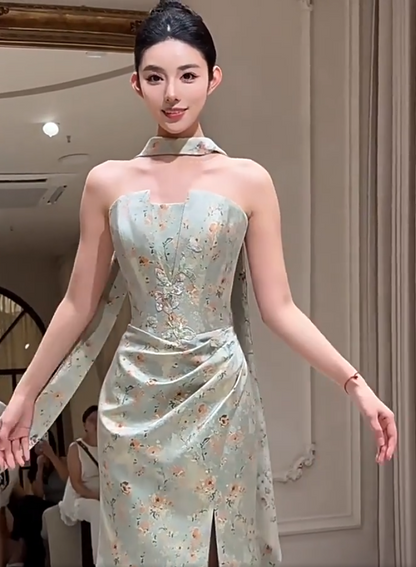 Sleek Off-Shoulder Sequins Slit Prom Dress With Scarf Floral Mermaid Formal Dress AP7061