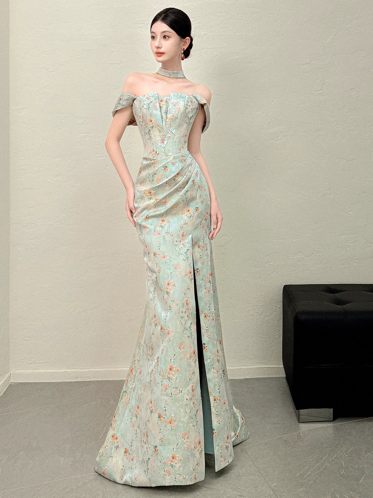 Sleek Off-Shoulder Sequins Slit Prom Dress With Scarf Floral Mermaid Formal Dress AP7061