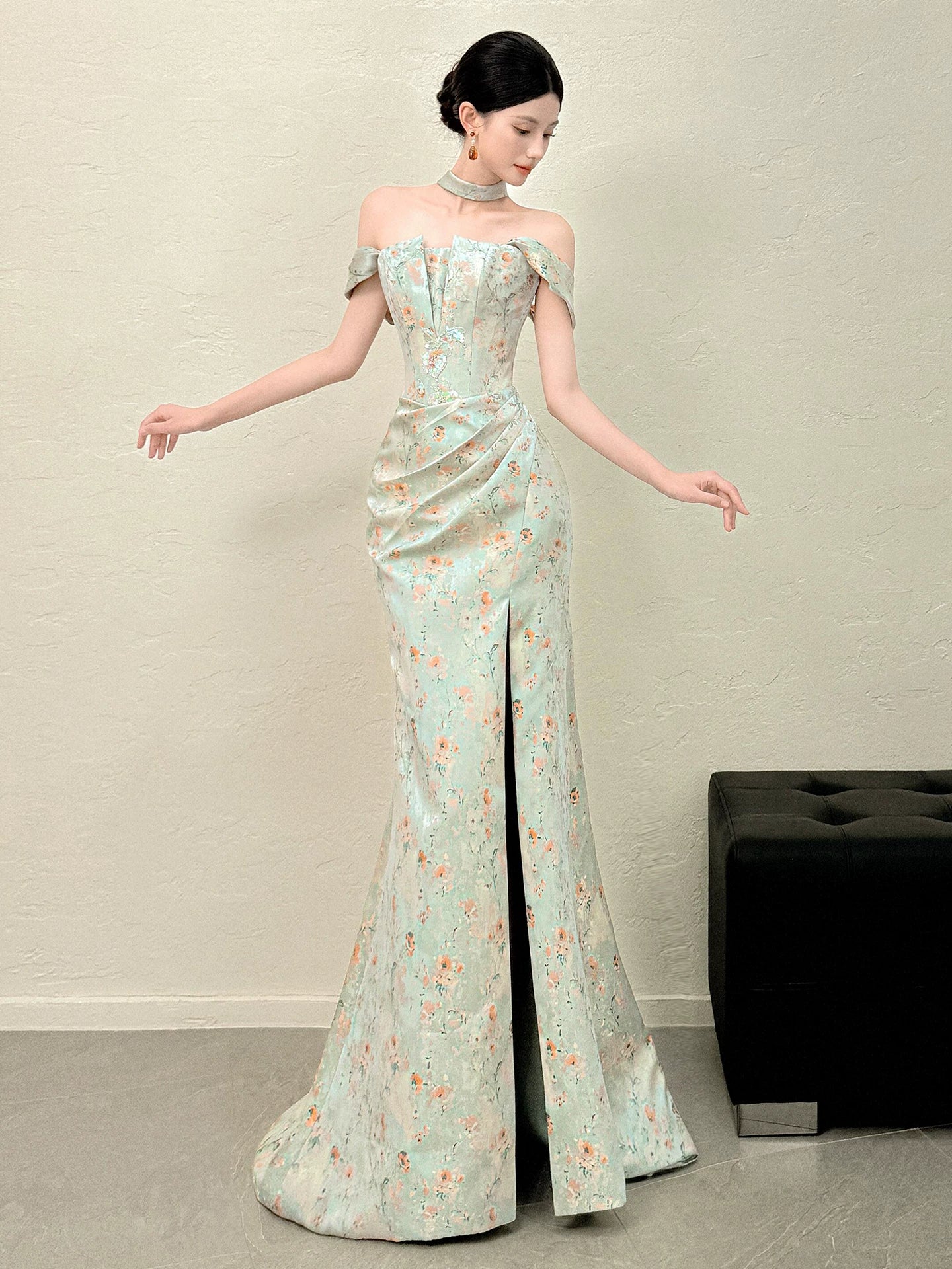 Sleek Off-Shoulder Sequins Slit Prom Dress With Scarf Floral Mermaid Formal Dress AP7061