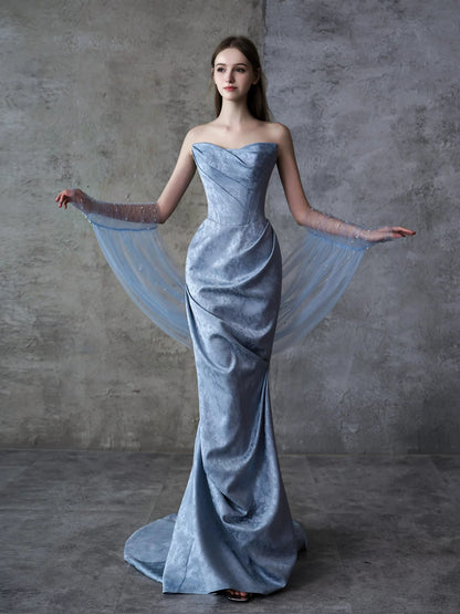 Dainty Strapless Jacquard Prom Dress Blue Mermaid Formal Dress AP7062