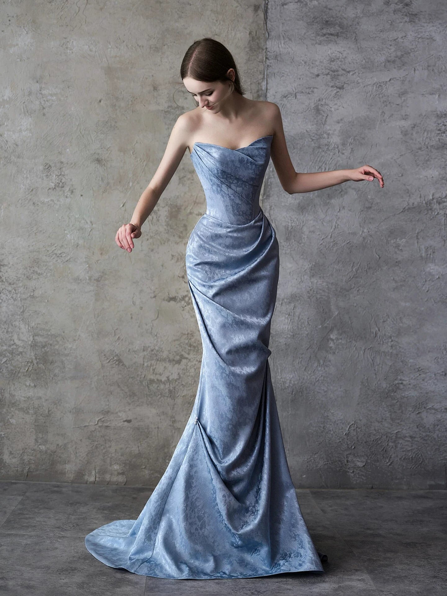 Dainty Strapless Jacquard Prom Dress Blue Mermaid Formal Dress AP7062