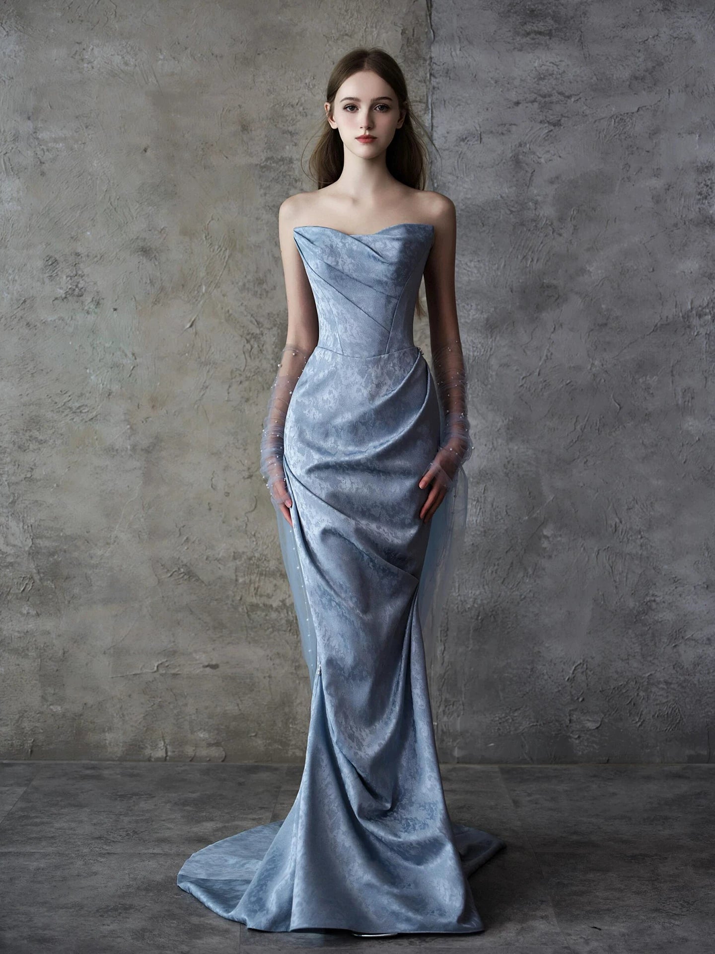 Dainty Strapless Jacquard Prom Dress Blue Mermaid Formal Dress AP7062