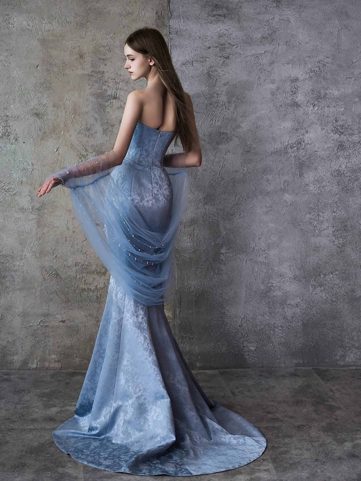 Dainty Strapless Jacquard Prom Dress Blue Mermaid Formal Dress AP7062