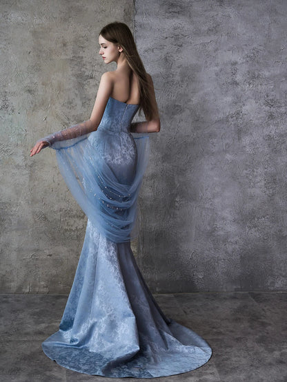 Dainty Strapless Jacquard Prom Dress Blue Mermaid Formal Dress AP7062