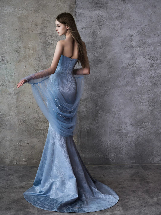 Dainty Strapless Jacquard Prom Dress Blue Mermaid Formal Dress AP7062