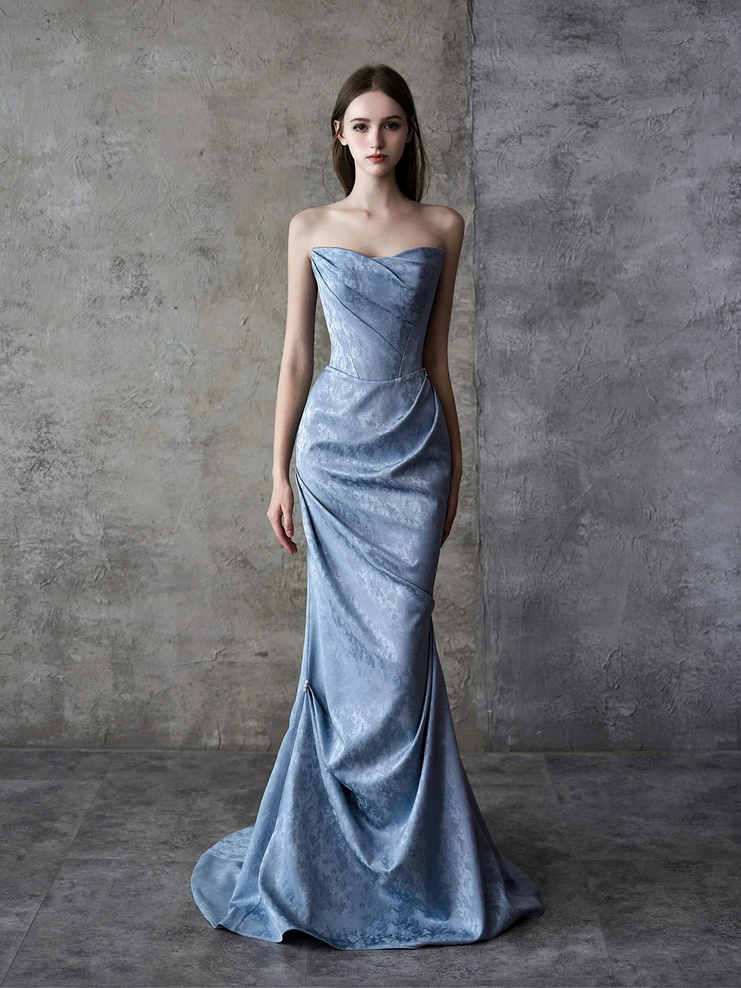 Dainty Strapless Jacquard Prom Dress Blue Mermaid Formal Dress AP7062