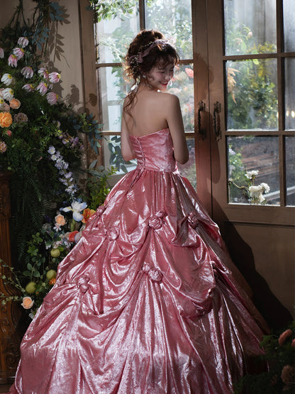 Victorian-Inspired A-Line Appliques Pink Prom Dress Beaded Halter Neck Evening Gowns AP7063