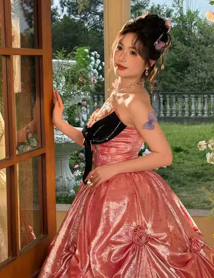 Victorian-Inspired A-Line Appliques Pink Prom Dress Beaded Halter Neck Evening Gowns AP7063