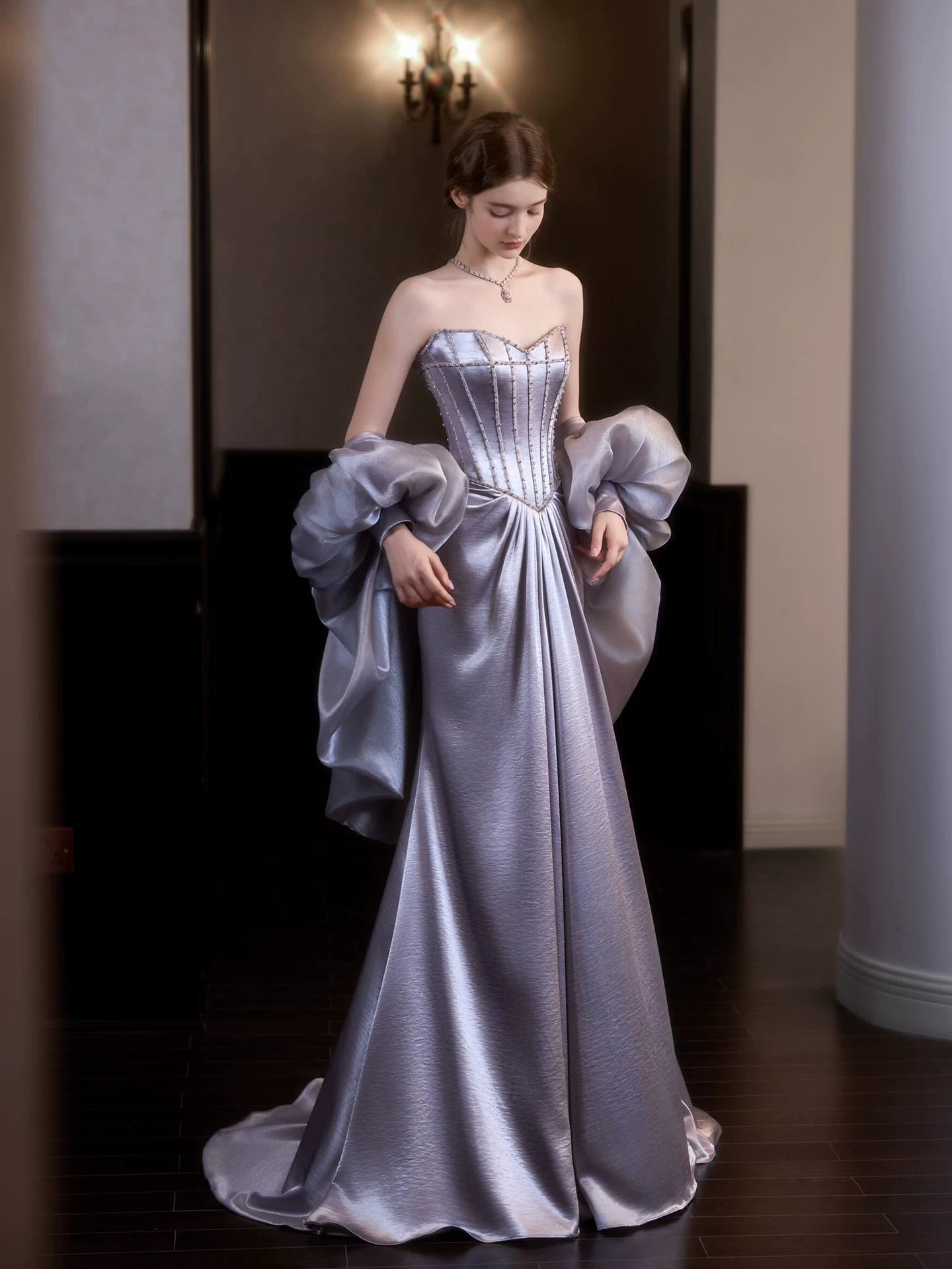 Cozy Strapless Blue Prom Dress Inspo Beads Mermaid Formal Dress AP7064
