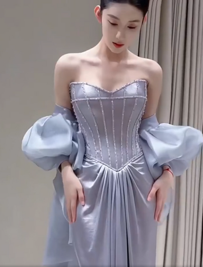 Cozy Strapless Blue Prom Dress Inspo Beads Mermaid Formal Dress AP7064