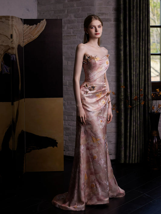 Lustrous Strapless Appliques Pink Prom Dress Jacquard Beads Sheath Formal Dress AP7065
