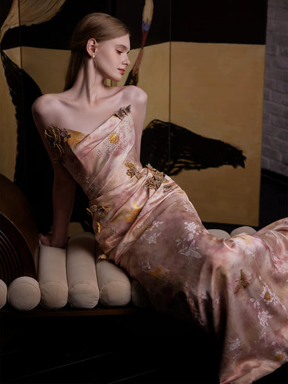Lustrous Strapless Appliques Pink Prom Dress Jacquard Beads Sheath Formal Dress AP7065