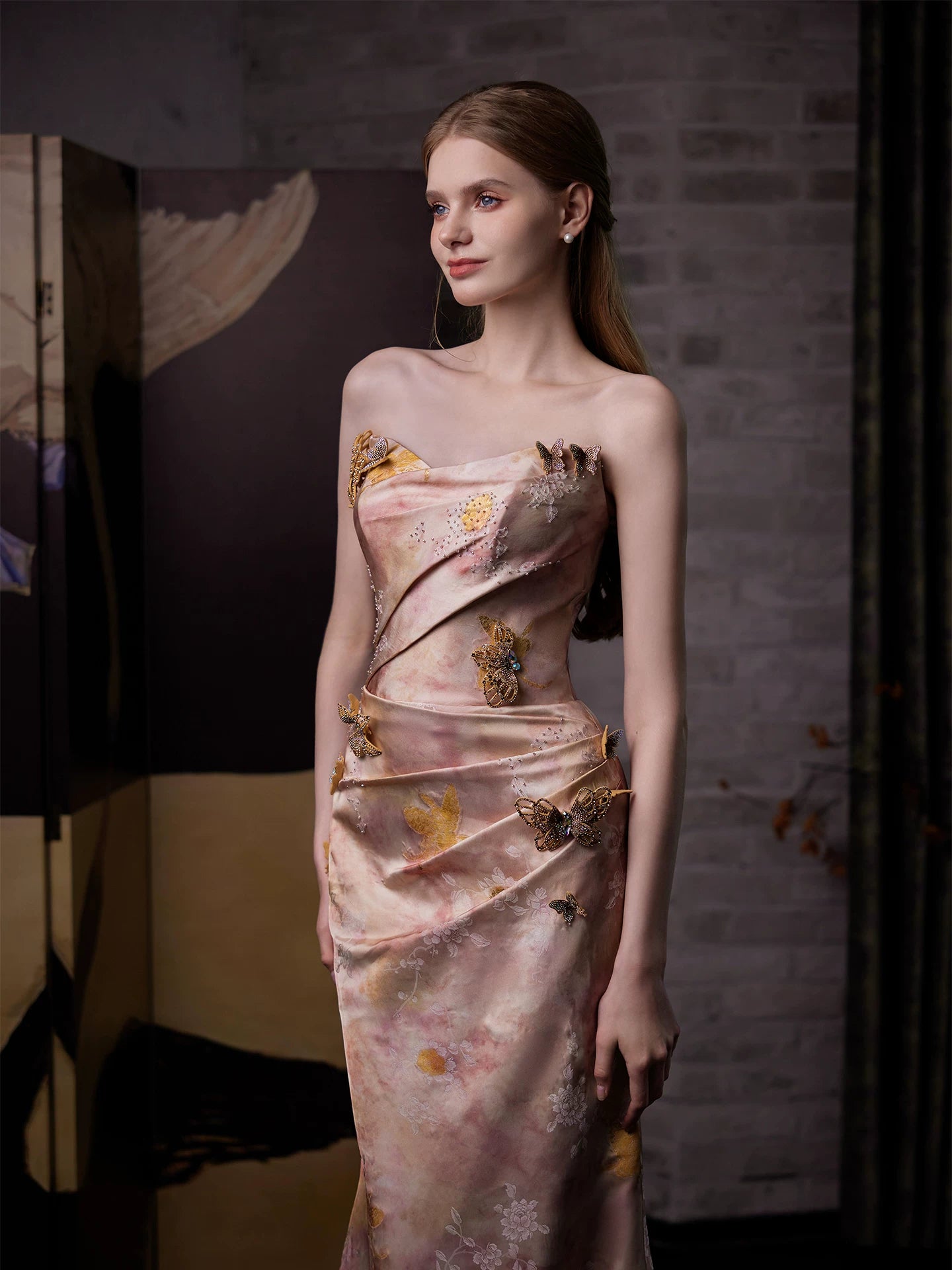 Lustrous Strapless Appliques Pink Prom Dress Jacquard Beads Sheath Formal Dress AP7065