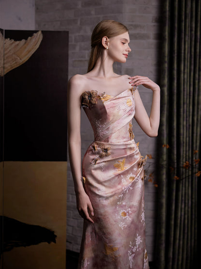 Lustrous Strapless Appliques Pink Prom Dress Jacquard Beads Sheath Formal Dress AP7065
