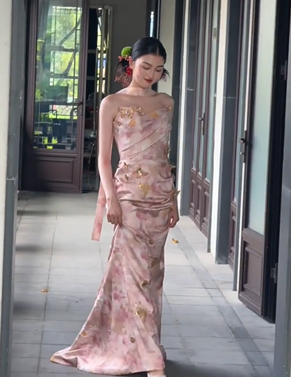 Lustrous Strapless Appliques Pink Prom Dress Jacquard Beads Sheath Formal Dress AP7065