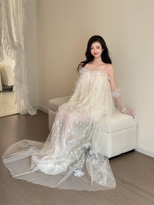 Classy Strapless Appliques Sequins Prom Dress With Sleeves Ivory Tulle A-Line Formal Gowns AP7066