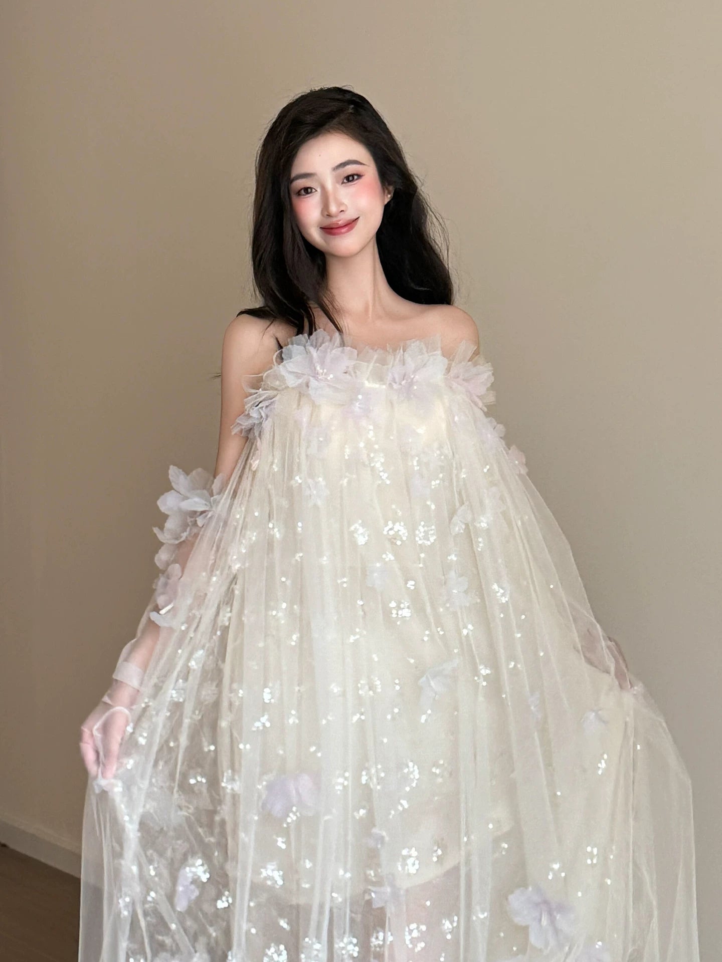 Classy Strapless Appliques Sequins Prom Dress With Sleeves Ivory Tulle A-Line Formal Gowns AP7066