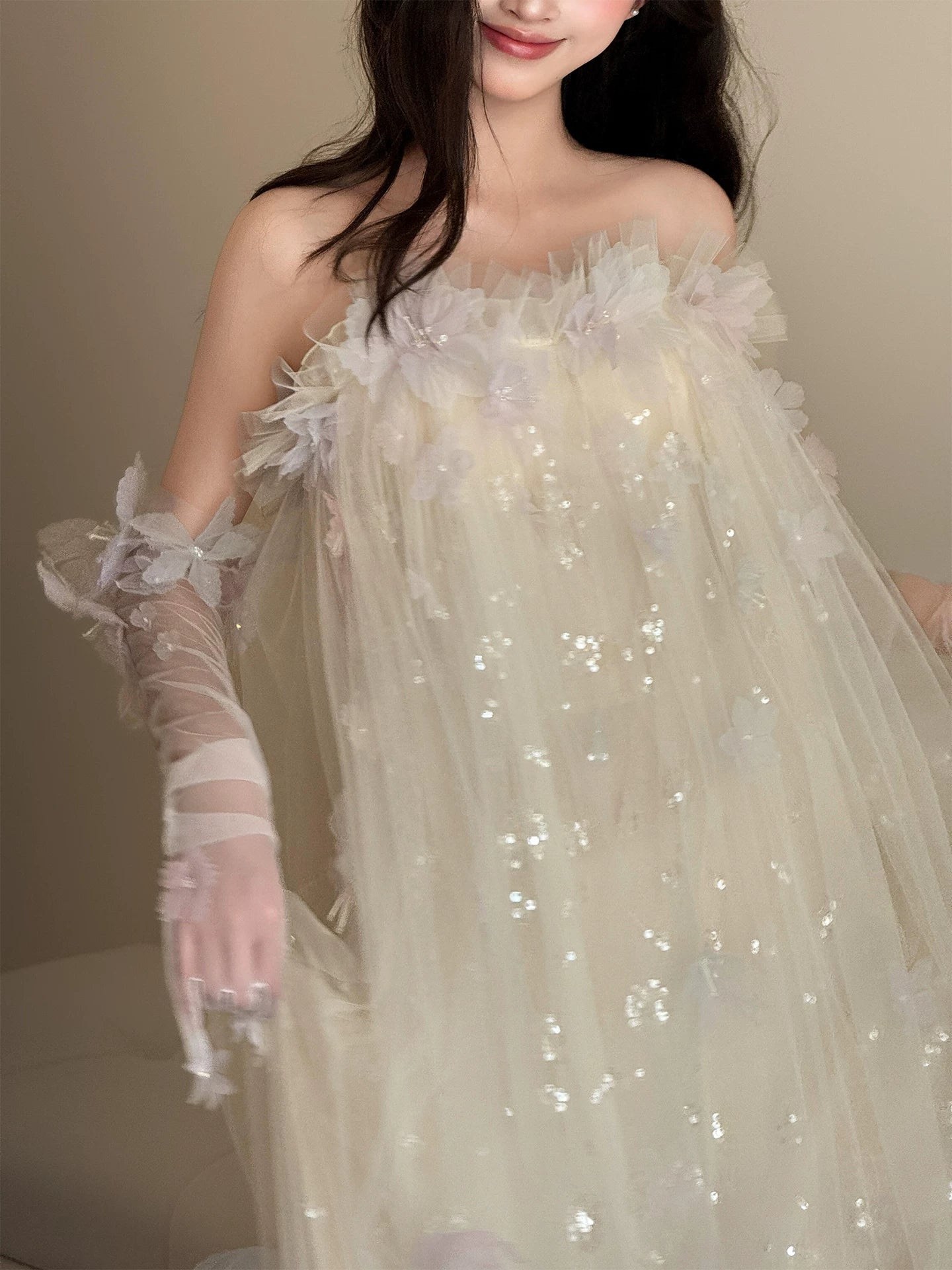 Classy Strapless Appliques Sequins Prom Dress With Sleeves Ivory Tulle A-Line Formal Gowns AP7066