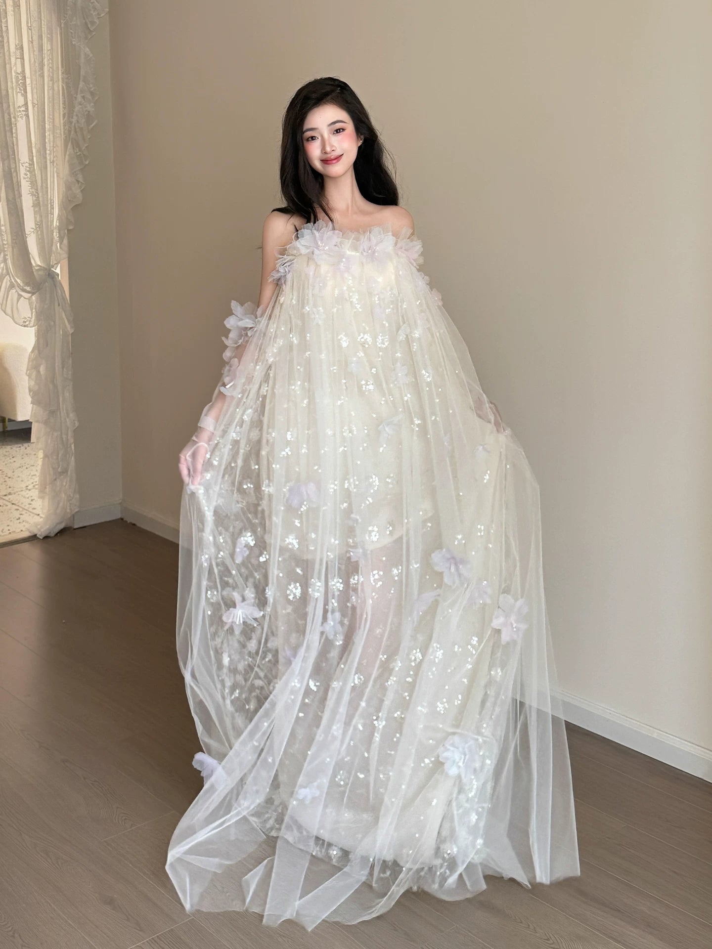 Classy Strapless Appliques Sequins Prom Dress With Sleeves Ivory Tulle A-Line Formal Gowns AP7066