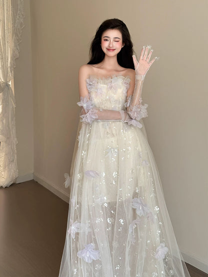 Classy Strapless Appliques Sequins Prom Dress With Sleeves Ivory Tulle A-Line Formal Gowns AP7066