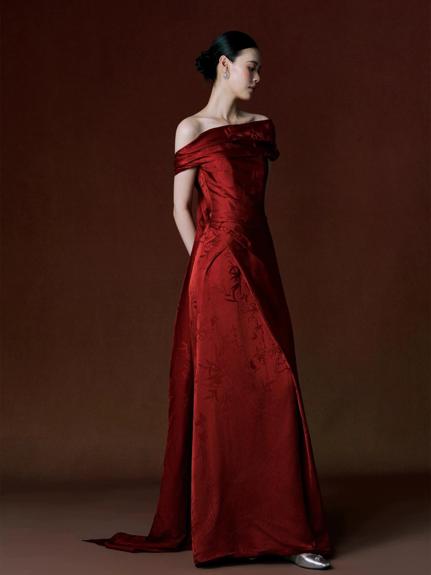 Modest Off-Shoulder Red Prom Dress Jacquard Sheath Formal Dress AP7067