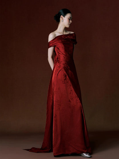 Modest Off-Shoulder Red Prom Dress Jacquard Sheath Formal Dress AP7067