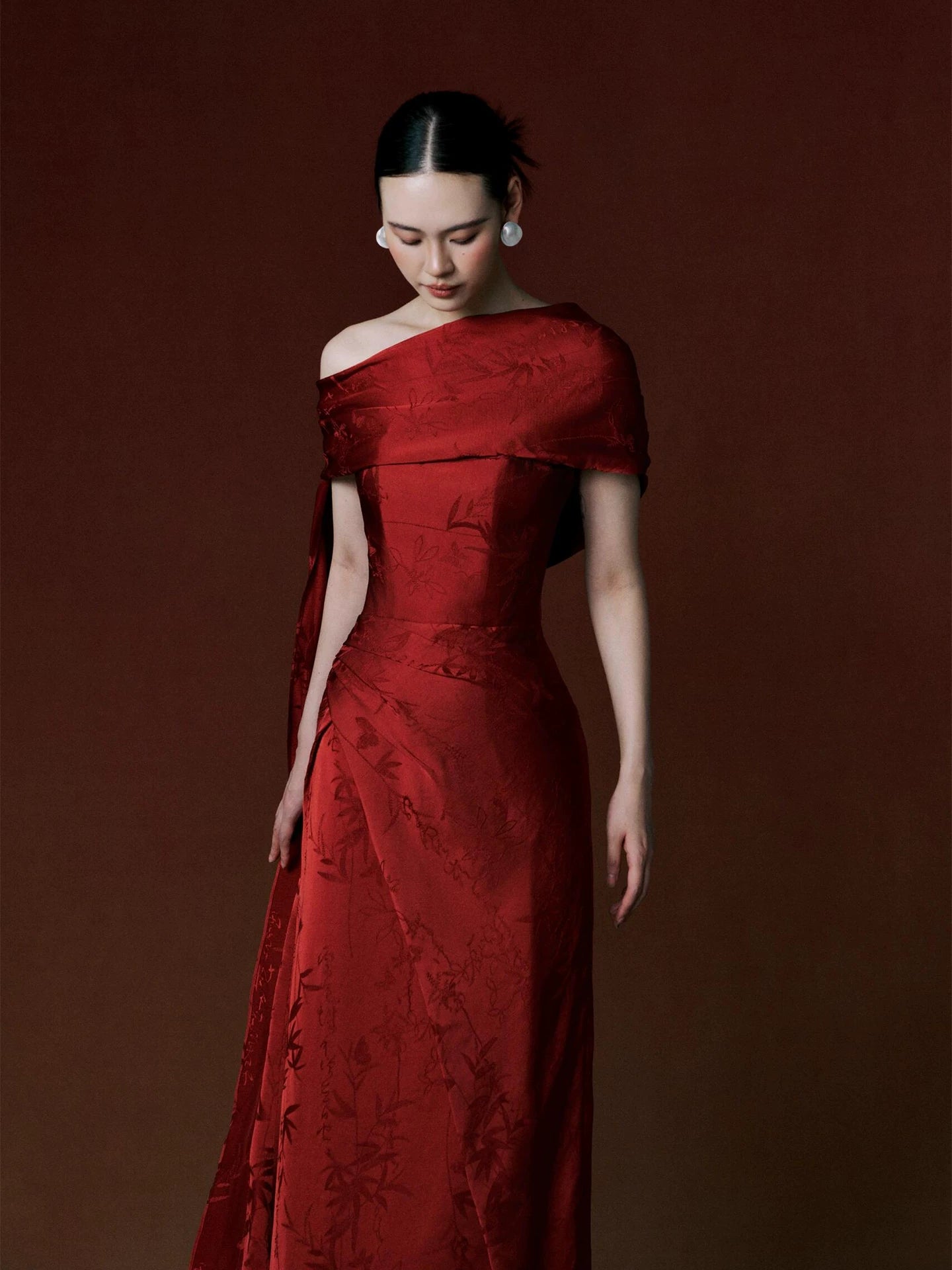 Modest Off-Shoulder Red Prom Dress Jacquard Sheath Formal Dress AP7067