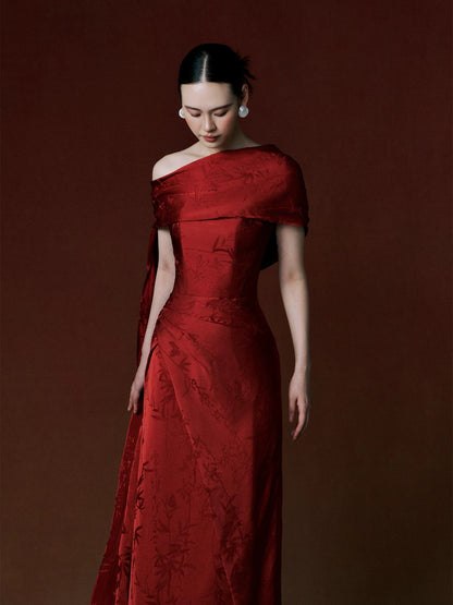 Modest Off-Shoulder Red Prom Dress Jacquard Sheath Formal Dress AP7067