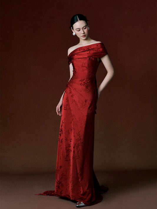 Modest Off-Shoulder Red Prom Dress Jacquard Sheath Formal Dress AP7067