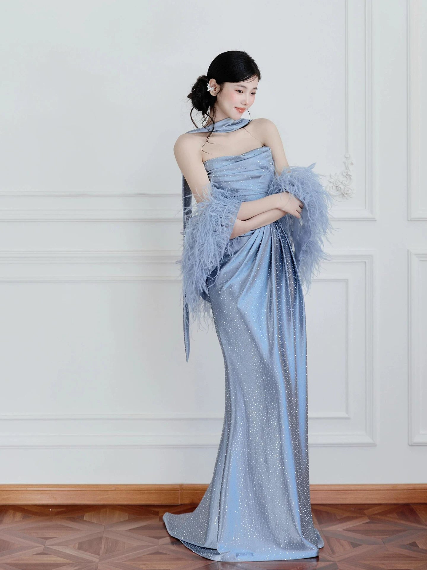 Celestial Strapless Blue Prom Dress With Shawl Sequins Sheath Formal Dress AP7069