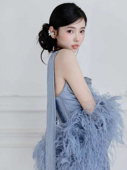 Celestial Strapless Blue Prom Dress With Shawl Sequins Sheath Formal Dress AP7069