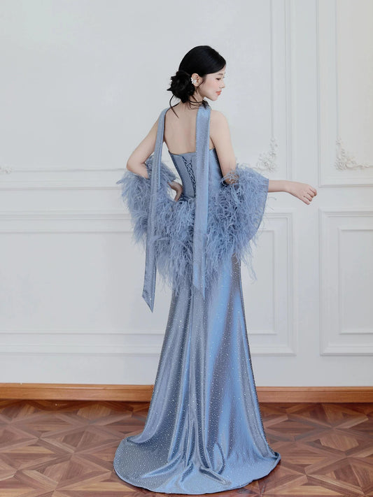 Celestial Strapless Blue Prom Dress With Shawl Sequins Sheath Formal Dress AP7069