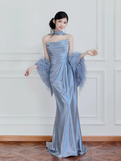 Celestial Strapless Blue Prom Dress With Shawl Sequins Sheath Formal Dress AP7069