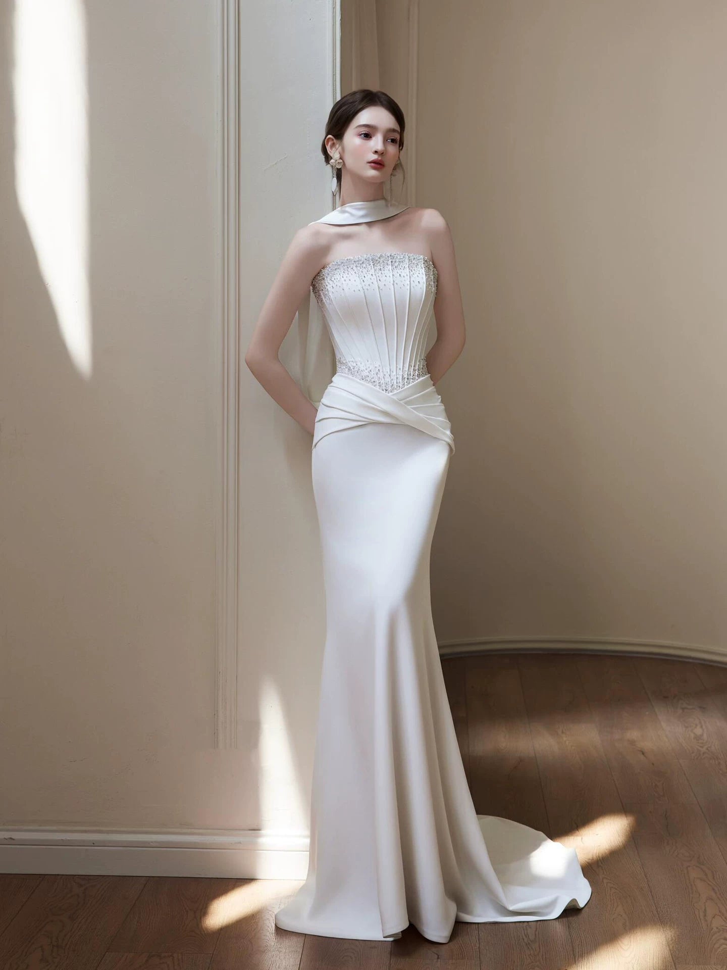 Standout Strapless Mermaid Wedding Dress With Scarf Sequins Satin Bridal Outfit AP7070