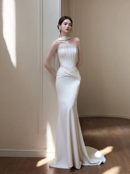 Standout Strapless Mermaid Wedding Dress With Scarf Sequins Satin Bridal Outfit AP7070