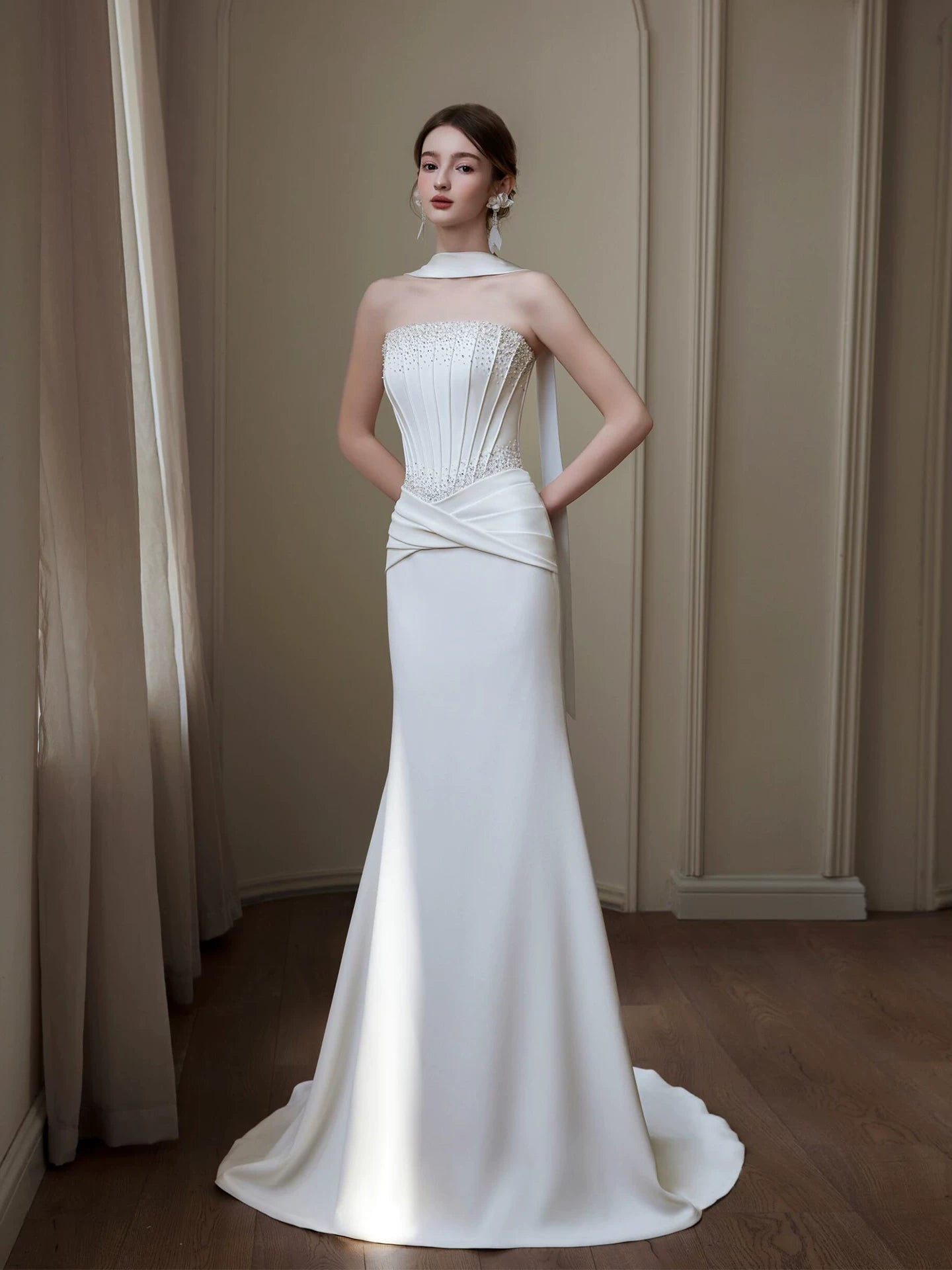 Standout Strapless Mermaid Wedding Dress With Scarf Sequins Satin Bridal Outfit AP7070