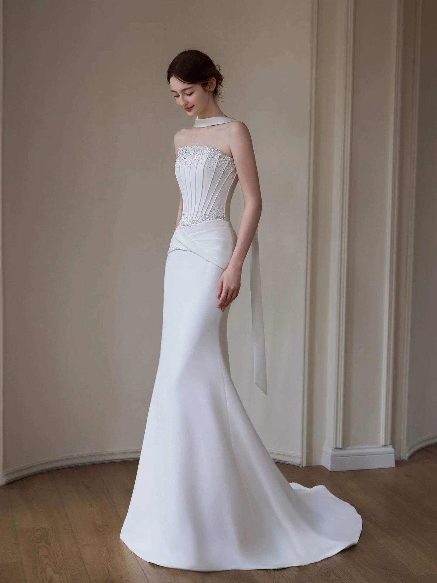 Standout Strapless Mermaid Wedding Dress With Scarf Sequins Satin Bridal Outfit AP7070