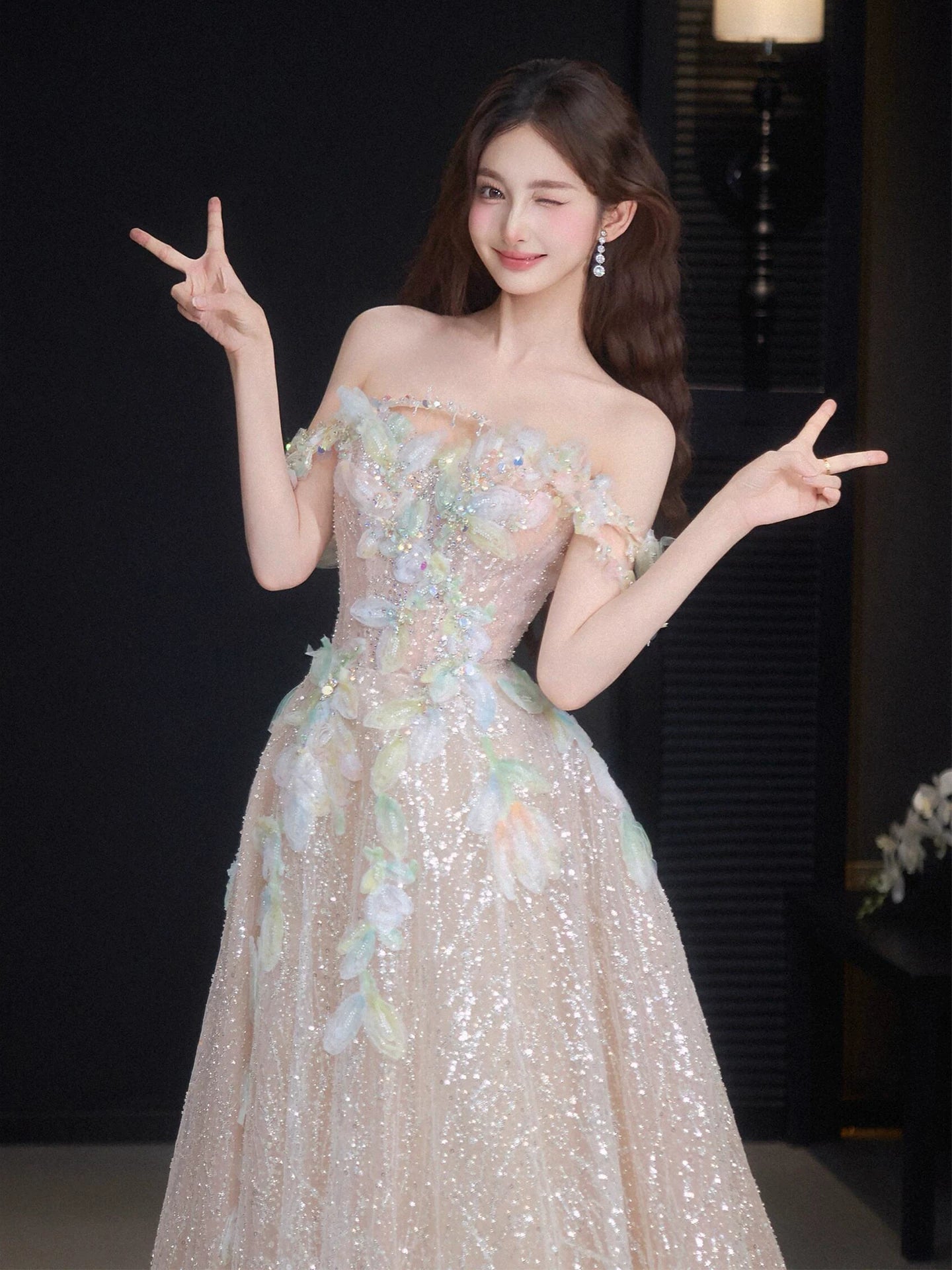 Custom Off-Shoulder Appliques Prom Dress Inspiration Sequins A-Line Formal Dress AP7071